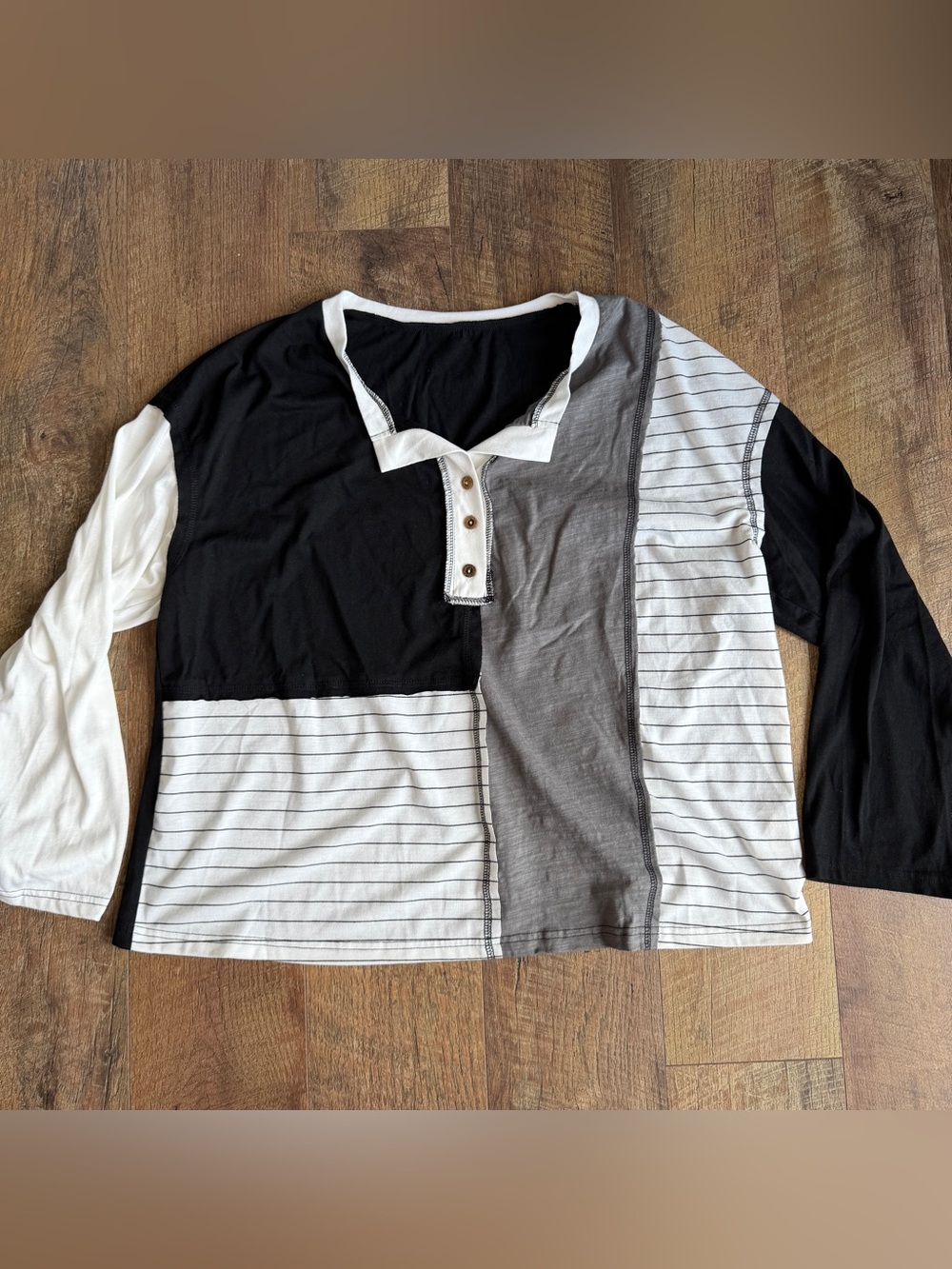 SHEIN Women’s Patchwork Long Sleeve V-Neck Buttons Shirt Black Gray Large